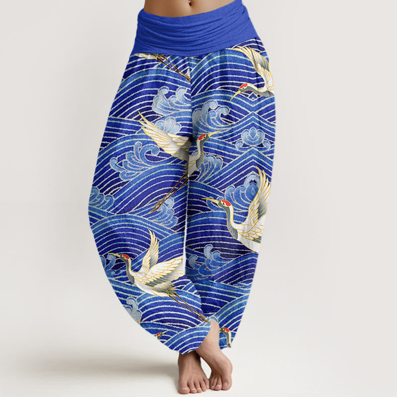 Pantalon Buddha Stones décontracté à taille élastique pour femme, motif grue et vagues de l'océan - Bleu ardoise - US22，UK/AU26，EU54 (6XL) - image 1