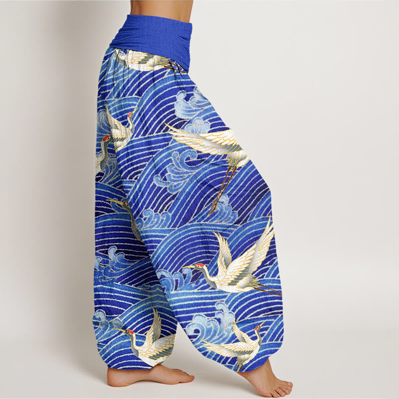 Pantalon harem femme en coton décontracté à motif de grues et de vagues, avec taille élastique et Buddha Stones - image 2