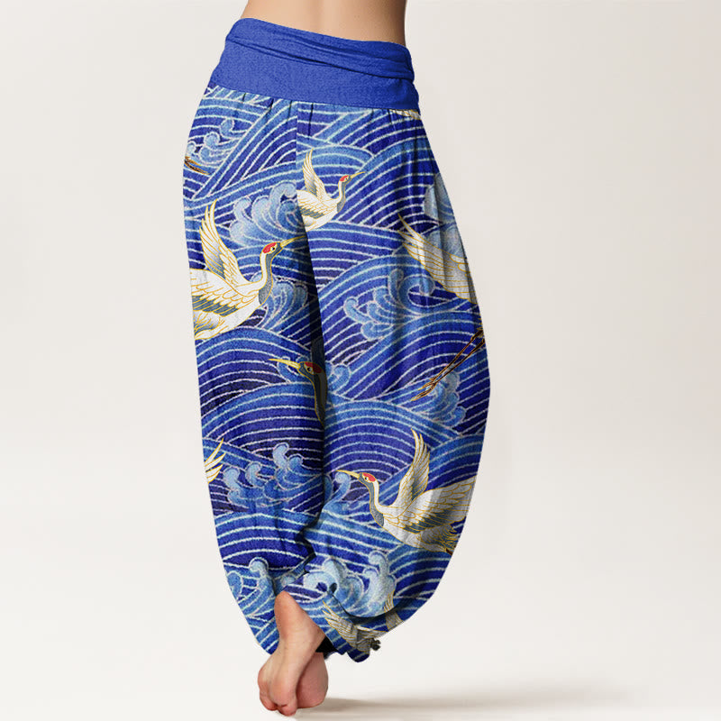 Pantalon Buddha Stones décontracté à taille élastique pour femme, motif grue et vagues de l'océan - image 2