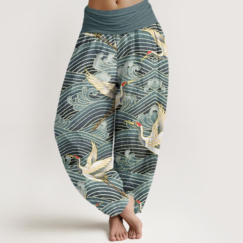 Pantalon harem femme en coton décontracté à motif de grues et de vagues, avec taille élastique et Buddha Stones - CadetBlue - US22，UK/AU26，EU54 (6XL) - image 4
