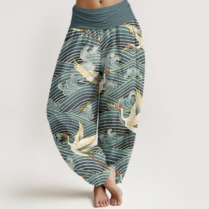Pantalon harem femme en coton décontracté à motif de grues et de vagues, avec taille élastique et Buddha Stones - CadetBlue - US22，UK/AU26，EU54 (6XL) - image 4