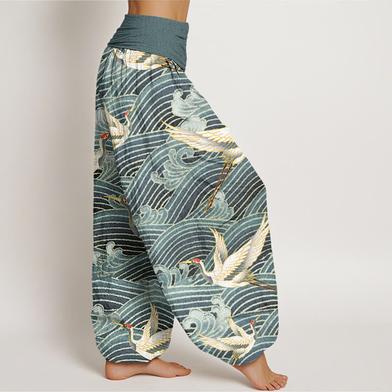 Pantalon harem femme en coton décontracté à motif de grues et de vagues, avec taille élastique et Buddha Stones - image 6