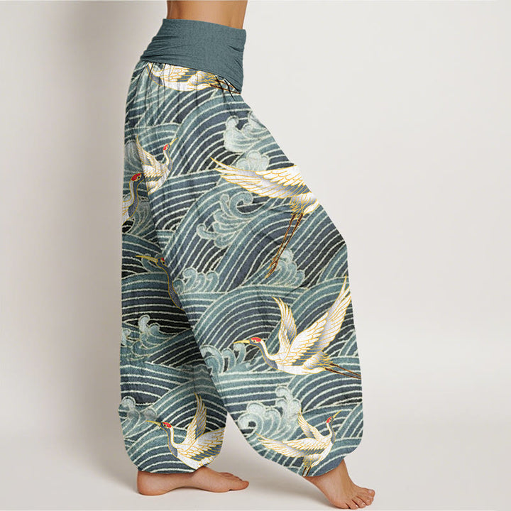 Pantalon harem femme en coton décontracté à motif de grues et de vagues, avec taille élastique et Buddha Stones - image 6