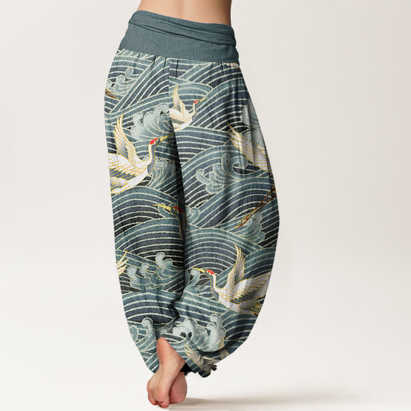 Pantalon Buddha Stones décontracté à taille élastique pour femme, motif grue et vagues de l'océan - image 5