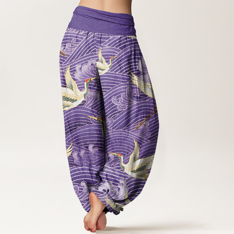 Pantalon Buddha Stones décontracté à taille élastique pour femme, motif grue et vagues de l'océan - image 9