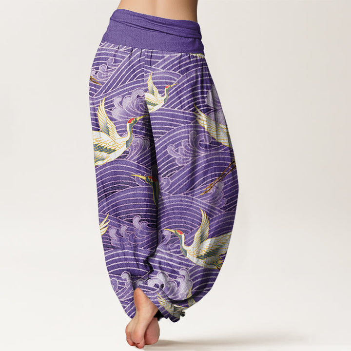 Pantalon Buddha Stones décontracté à taille élastique pour femme, motif grue et vagues de l'océan - image 9