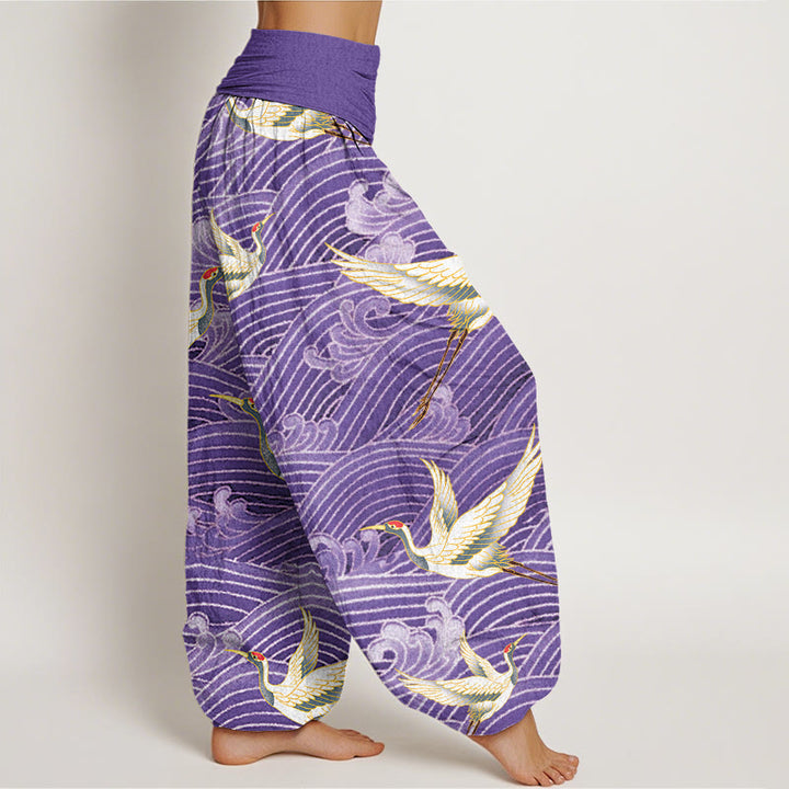 Pantalon Buddha Stones décontracté à taille élastique pour femme, motif grue et vagues de l'océan - image 9