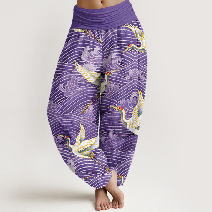 Pantalon harem femme en coton décontracté à motif de grues et de vagues, avec taille élastique et Buddha Stones - DarkOrchid - US22，UK/AU26，EU54 (6XL) - image 7