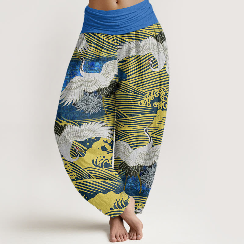 Pantalon Buddha Stones décontracté à taille élastique pour femme, motif grue, vagues de l'océan, chrysanthème - DodgerBlue - US22，UK/AU26，EU54 (6XL) - image 1