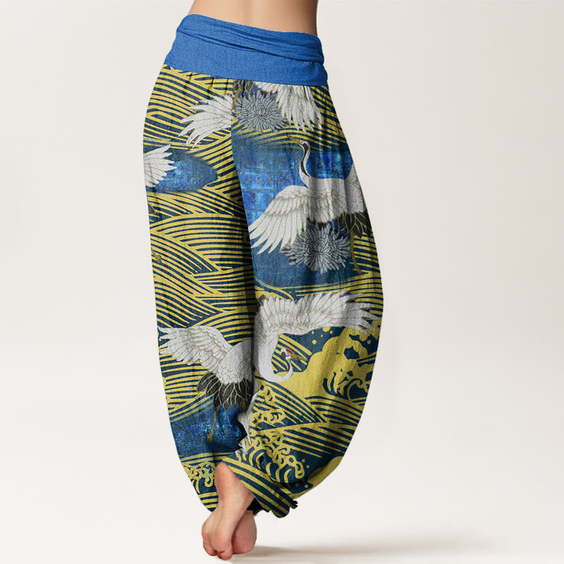 Pantalon Buddha Stones décontracté à taille élastique pour femme, motif grue, vagues de l'océan, chrysanthème - image 2