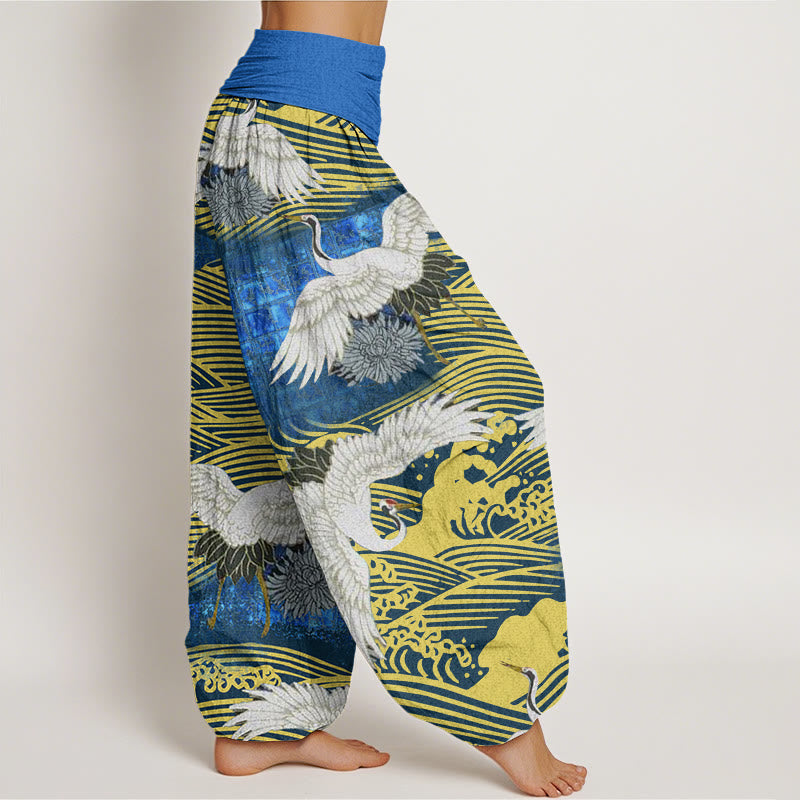 Pantalon Buddha Stones décontracté à taille élastique pour femme, motif grue, vagues de l'océan, chrysanthème - image 3