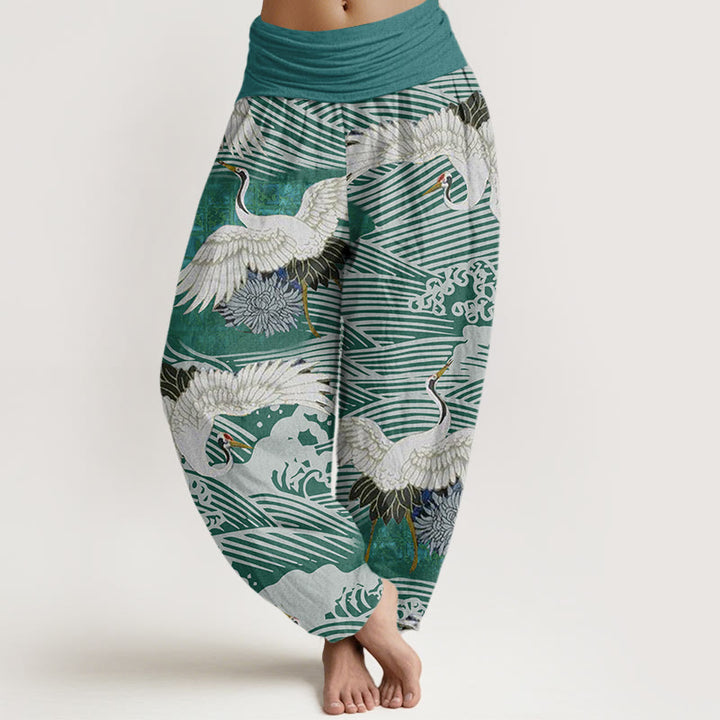 Pantalon Buddha Stones décontracté à taille élastique pour femme, motif grue, vagues de l'océan, chrysanthème - Vert clair - US22，UK/AU26，EU54 (6XL) - image 5