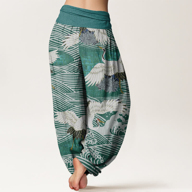 Pantalon Buddha Stones décontracté à taille élastique pour femme, motif grue, vagues de l'océan, chrysanthème - image 6