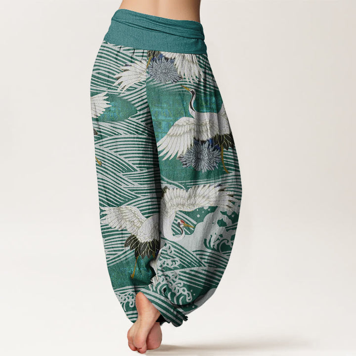 Pantalon Buddha Stones décontracté à taille élastique pour femme, motif grue, vagues de l'océan, chrysanthème - image 6