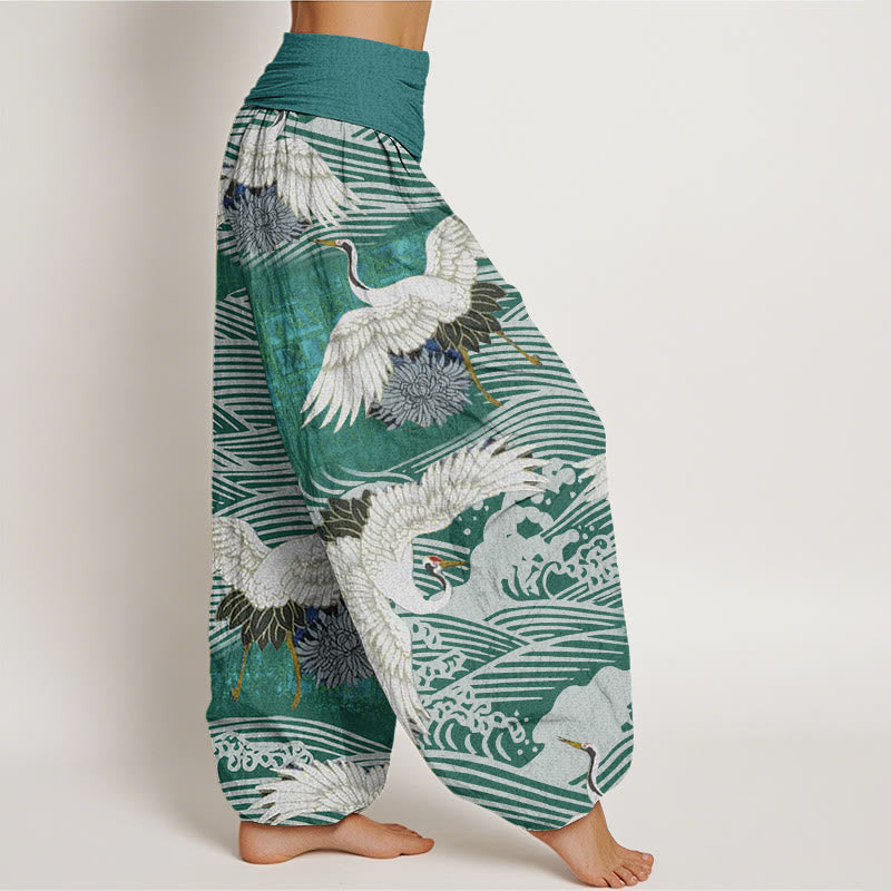 Pantalon Buddha Stones décontracté à taille élastique pour femme, motif grue, vagues de l'océan, chrysanthème - image 7