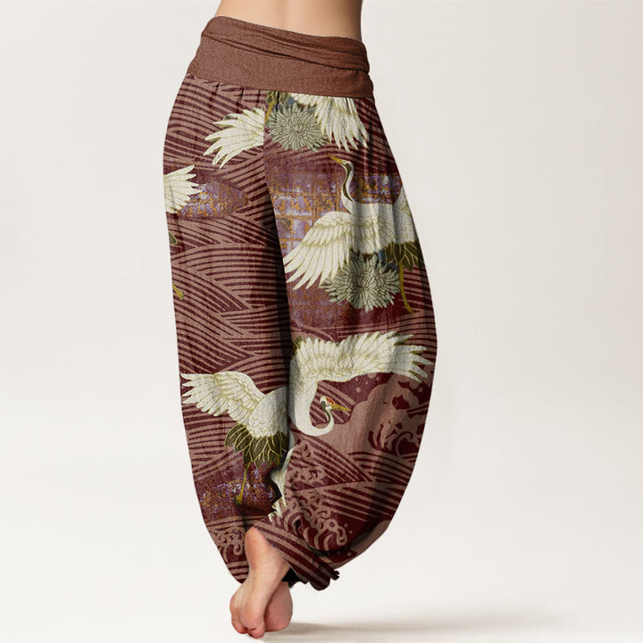 Pantalon Buddha Stones décontracté à taille élastique pour femme, motif grue, vagues de l'océan, chrysanthème - image 9