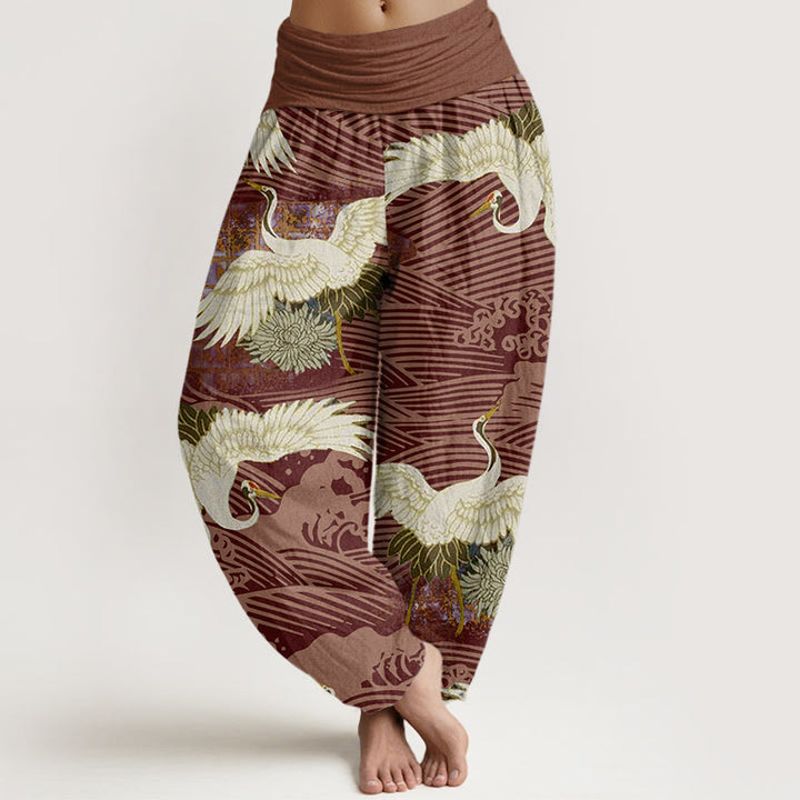 Pantalon Buddha Stones décontracté à taille élastique pour femme, motif grue, vagues de l'océan, chrysanthème - Terre de sienne - US22，UK/AU26，EU54 (6XL) - image 8
