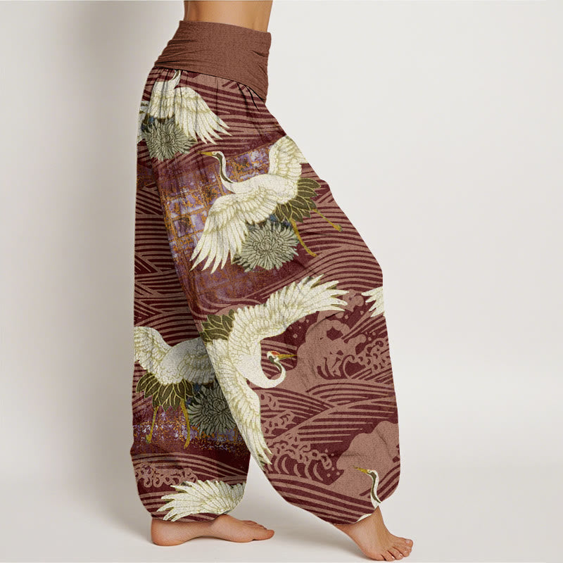 Pantalon Buddha Stones décontracté à taille élastique pour femme, motif grue, vagues de l'océan, chrysanthème - image 10