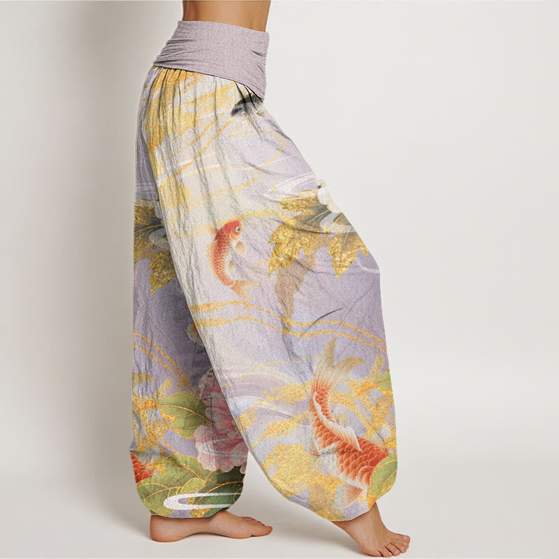 Pantalon Buddha Stones décontracté à taille élastique pour femme, motif pivoine, poisson koï, feuilles dorées - image 3