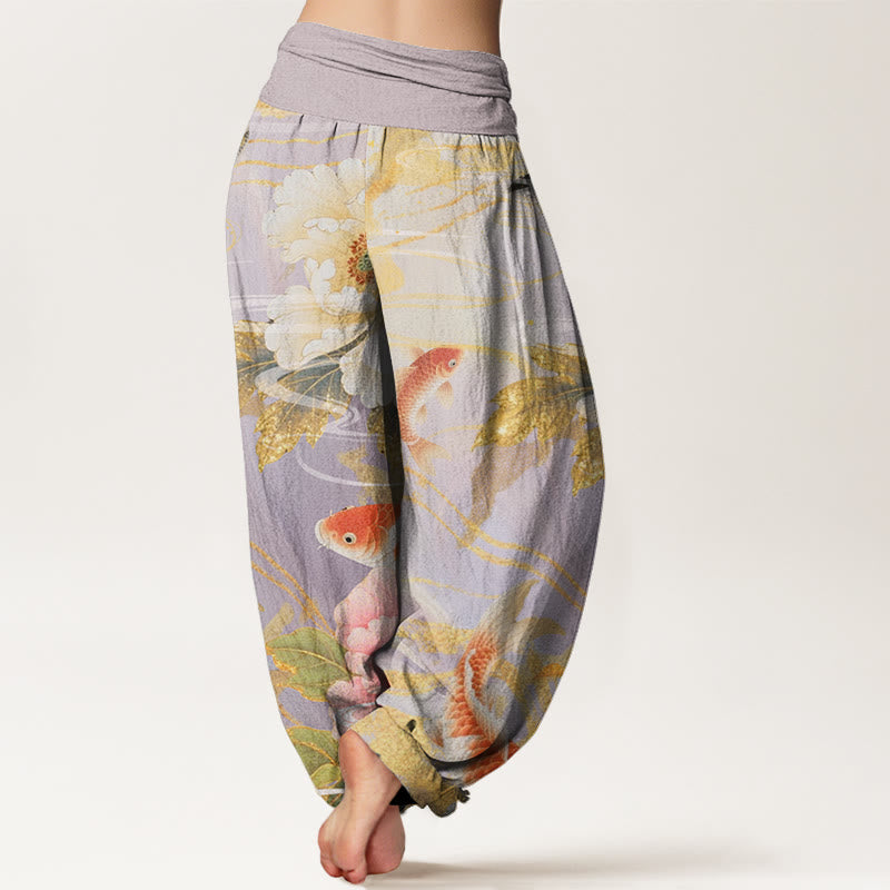 Pantalon Buddha Stones décontracté à taille élastique pour femme, motif pivoine, poisson koï, feuilles dorées - image 2