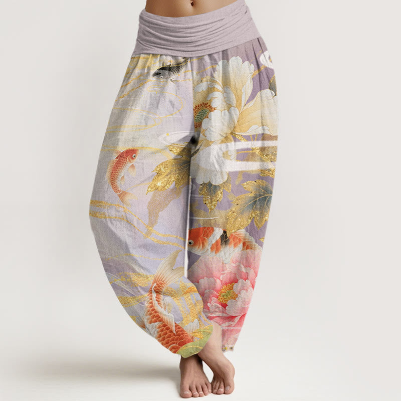 Pantalon Buddha Stones décontracté à taille élastique pour femme, motif pivoine, poisson koï, feuilles dorées - Chardon - US22，UK/AU26，EU54 (6XL) - image 1