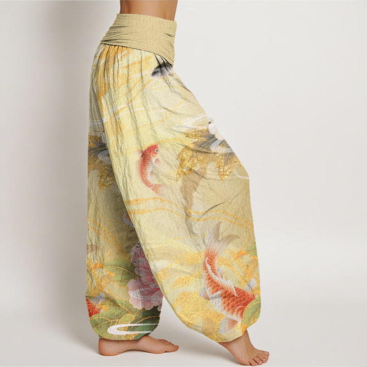 Pantalon Buddha Stones décontracté à taille élastique pour femme, motif pivoine, poisson koï, feuilles dorées - image 7