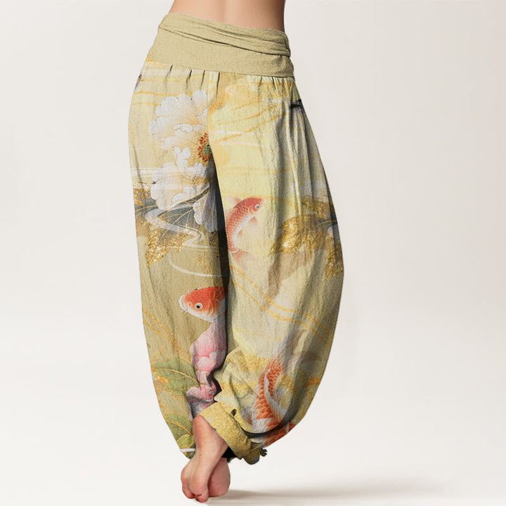 Pantalon Buddha Stones décontracté à taille élastique pour femme, motif pivoine, poisson koï, feuilles dorées - image 6
