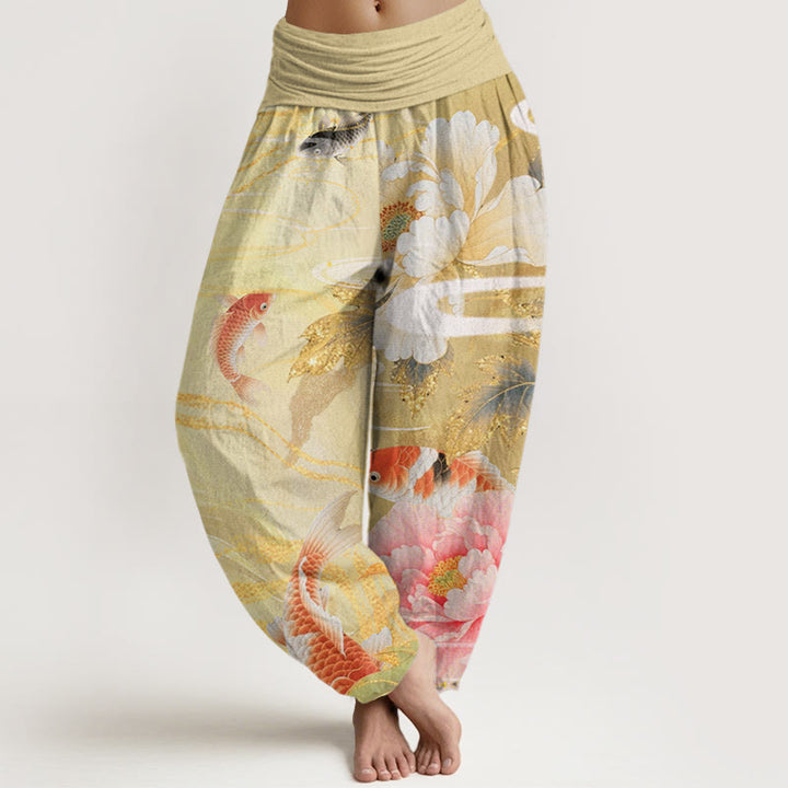 Pantalon Buddha Stones décontracté à taille élastique pour femme, motif pivoine, poisson koï, feuilles dorées - Kaki - US22，UK/AU26，EU54 (6XL) - image 5