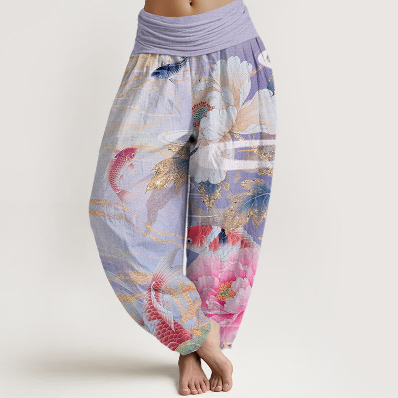 Pantalon Buddha Stones décontracté à taille élastique pour femme, motif pivoine, poisson koï, feuilles dorées - Prune - US22，UK/AU26，EU54 (6XL) - image 8