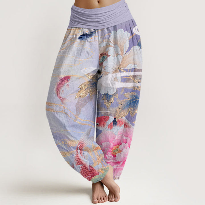 Pantalon Buddha Stones décontracté à taille élastique pour femme, motif pivoine, poisson koï, feuilles dorées - Prune - US22，UK/AU26，EU54 (6XL) - image 8