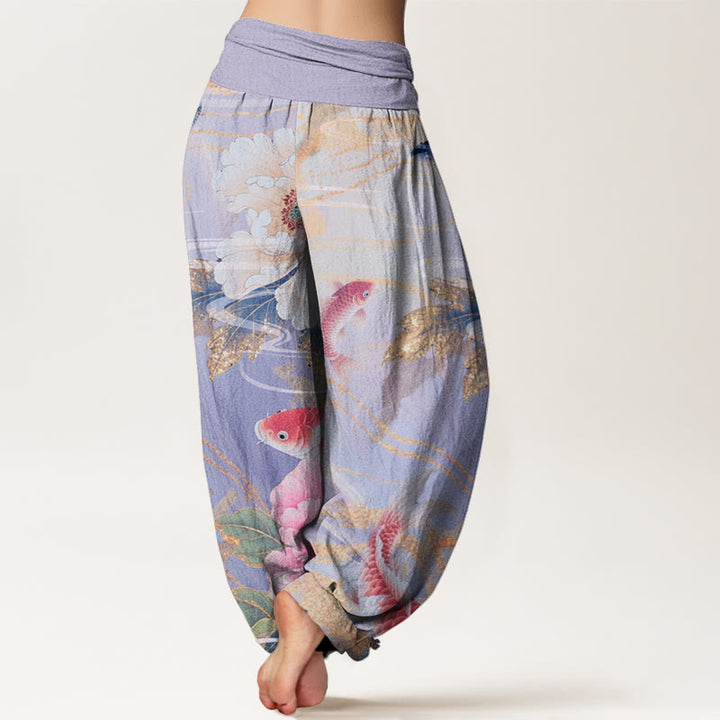 Pantalon Buddha Stones décontracté à taille élastique pour femme, motif pivoine, poisson koï, feuilles dorées - image 9