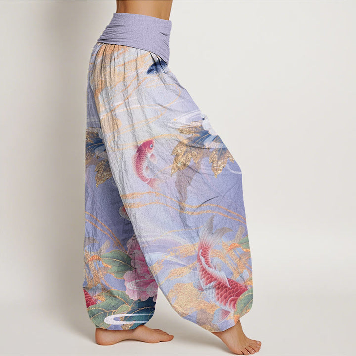 Pantalon Buddha Stones décontracté à taille élastique pour femme, motif pivoine, poisson koï, feuilles dorées - image 10