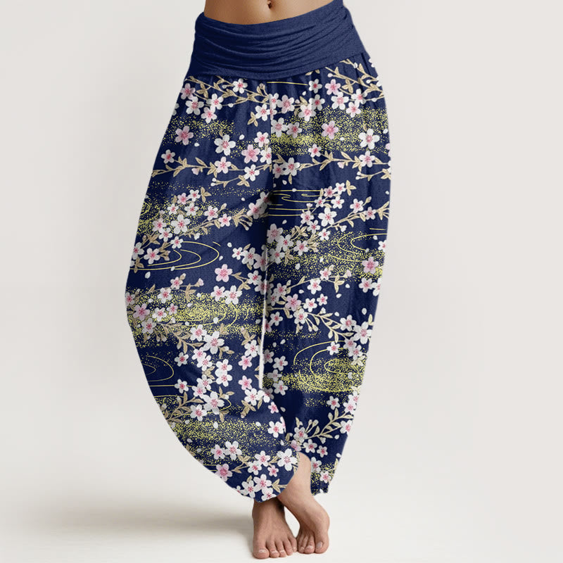 Pantalon sarouel décontracté à taille élastique pour femme avec motif de fleurs de cerisier et d'eau, motif Buddha Stones - Bleu nuit - US22，UK/AU26，EU54 (6XL) - image 1