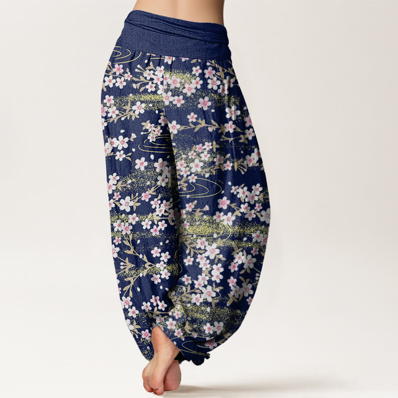 Pantalon sarouel décontracté à taille élastique pour femme avec motif de fleurs de cerisier et d'eau, motif Buddha Stones - image 2