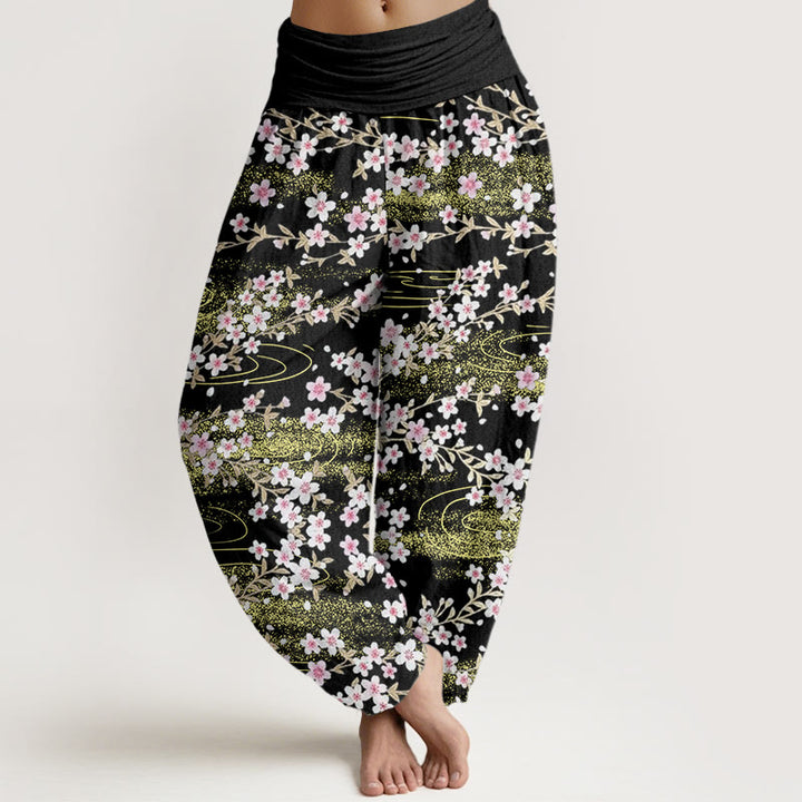 Pantalon sarouel décontracté à taille élastique pour femme avec motif de fleurs de cerisier et d'eau, motif Buddha Stones - Noir - US22，UK/AU26，EU54 (6XL) - image 8