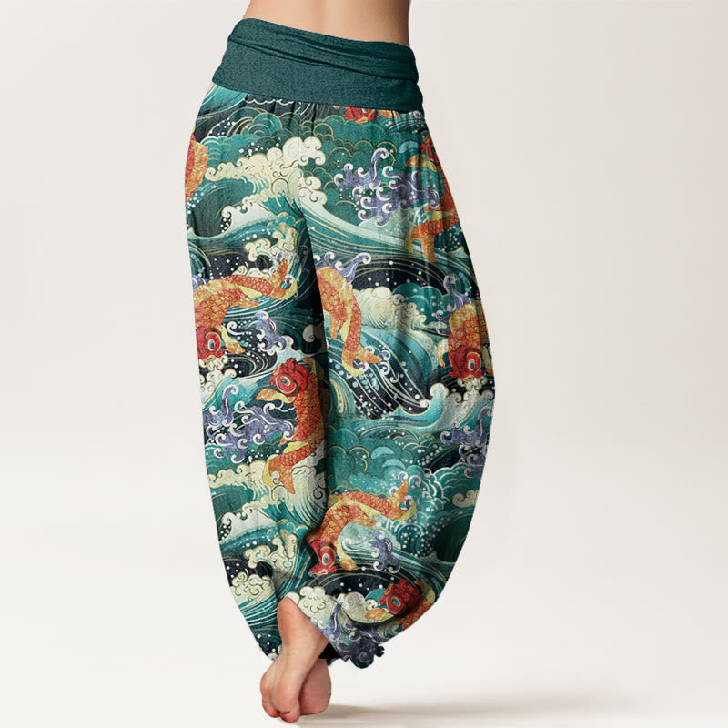 Pantalon Buddha Stones décontracté à taille élastique pour femme, motif poisson koï et vagues de l'océan - image 2