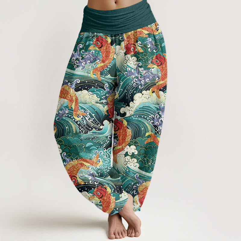 Pantalon Buddha Stones décontracté à taille élastique pour femme, motif poisson koï et vagues de l'océan - Sarcelle - US22，UK/AU26，EU54 (6XL) - image 1