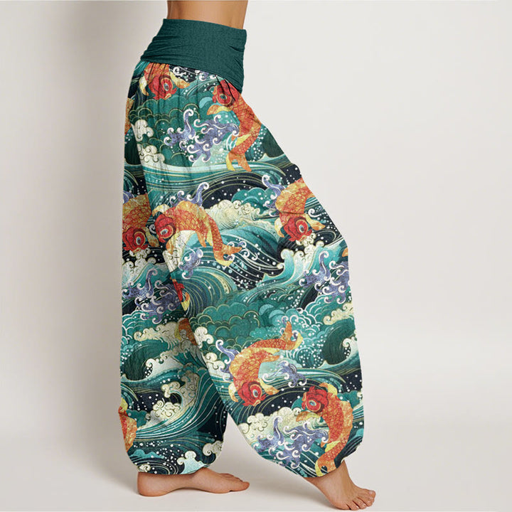 Pantalon Buddha Stones décontracté à taille élastique pour femme, motif poisson koï et vagues de l'océan - image 3