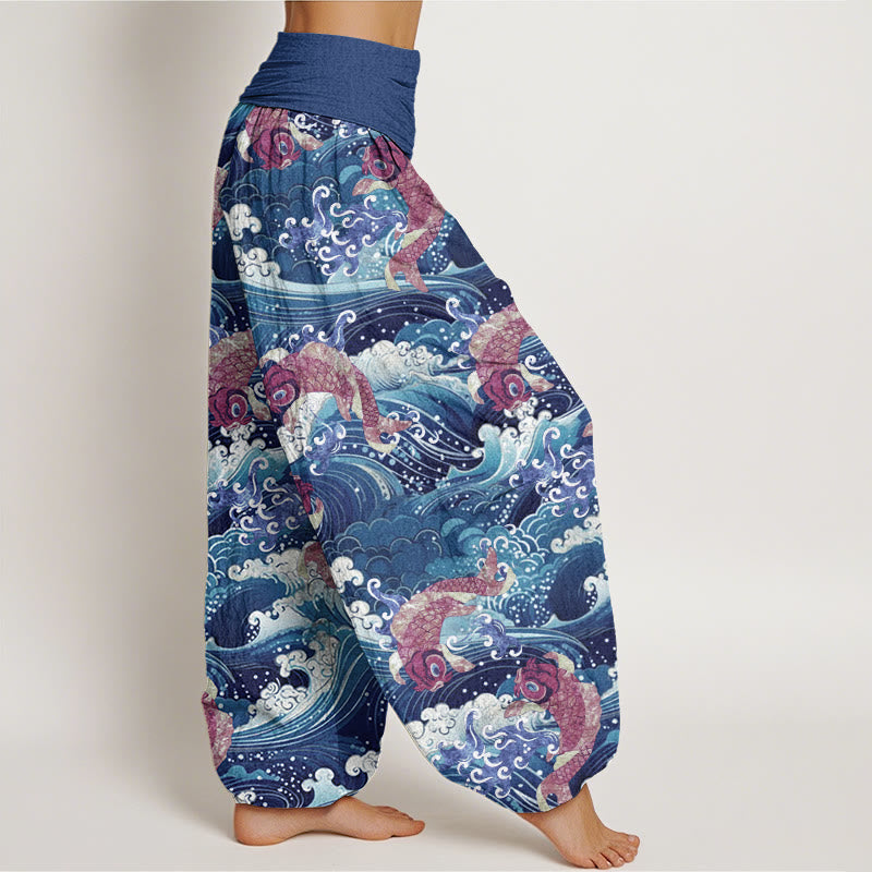 Pantalon Buddha Stones décontracté à taille élastique pour femme, motif poisson koï et vagues de l'océan - image 7