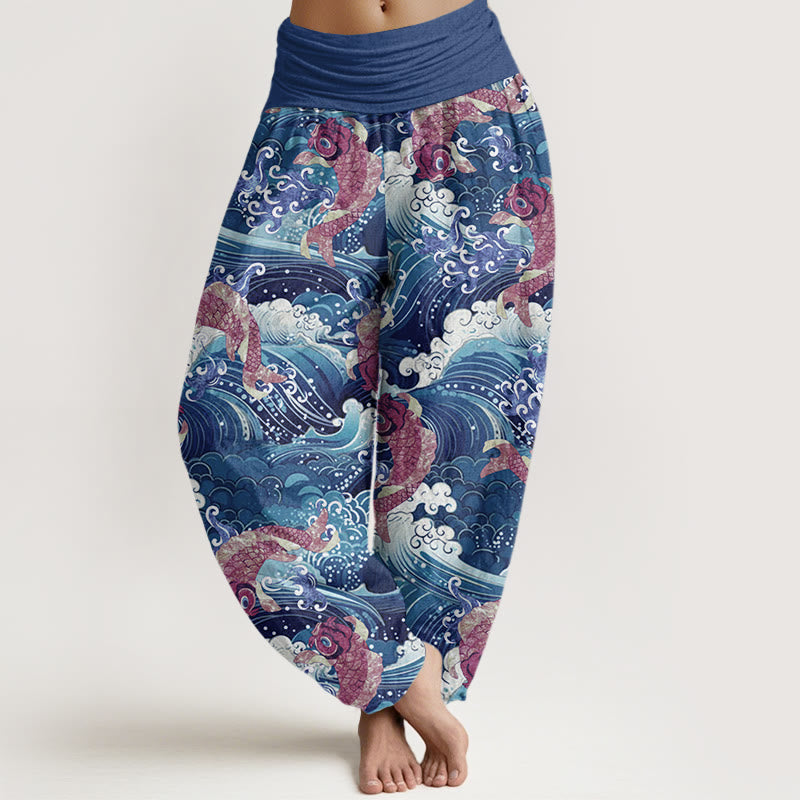 Pantalon Buddha Stones décontracté à taille élastique pour femme, motif poisson koï et vagues de l'océan - Bleu foncé - US22，UK/AU26，EU54 (6XL) - image 5