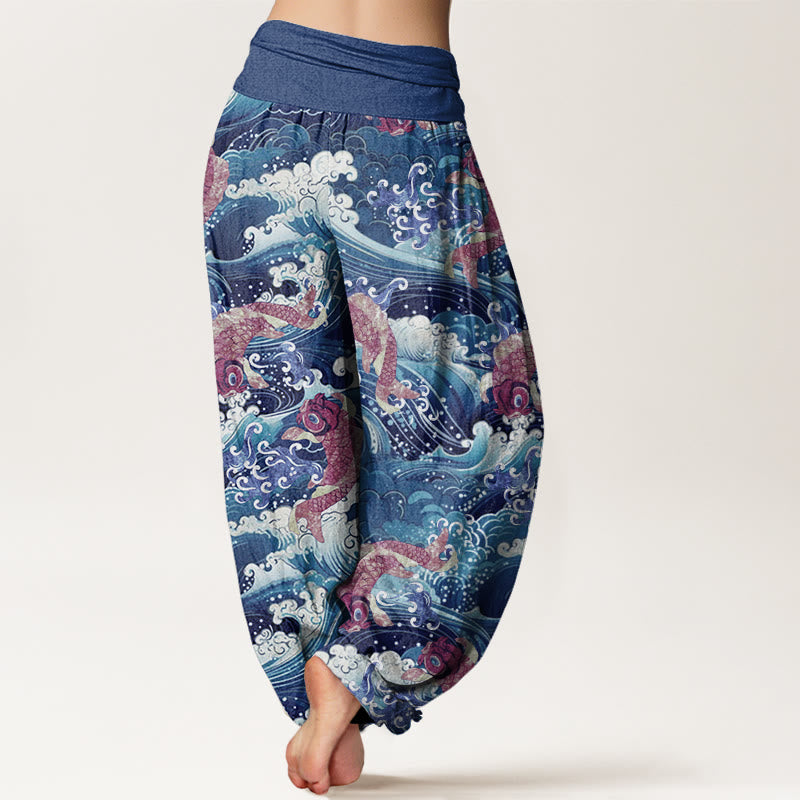 Pantalon Buddha Stones décontracté à taille élastique pour femme, motif poisson koï et vagues de l'océan - image 6