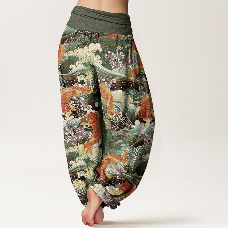 Pantalon Buddha Stones décontracté à taille élastique pour femme, motif poisson koï et vagues de l'océan - image 9