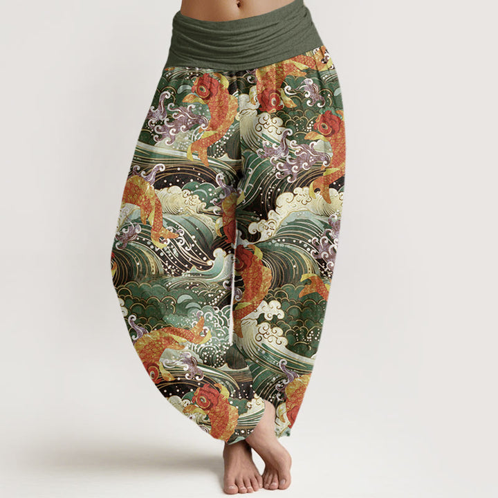 Pantalon Buddha Stones décontracté à taille élastique pour femme, motif poisson koï et vagues de l'océan - OliveDrab - US22，UK/AU26，EU54 (6XL) - image 8