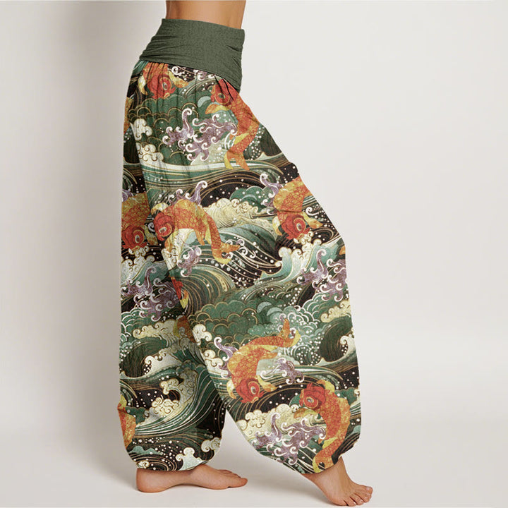 Pantalon Buddha Stones décontracté à taille élastique pour femme, motif poisson koï et vagues de l'océan - image 10
