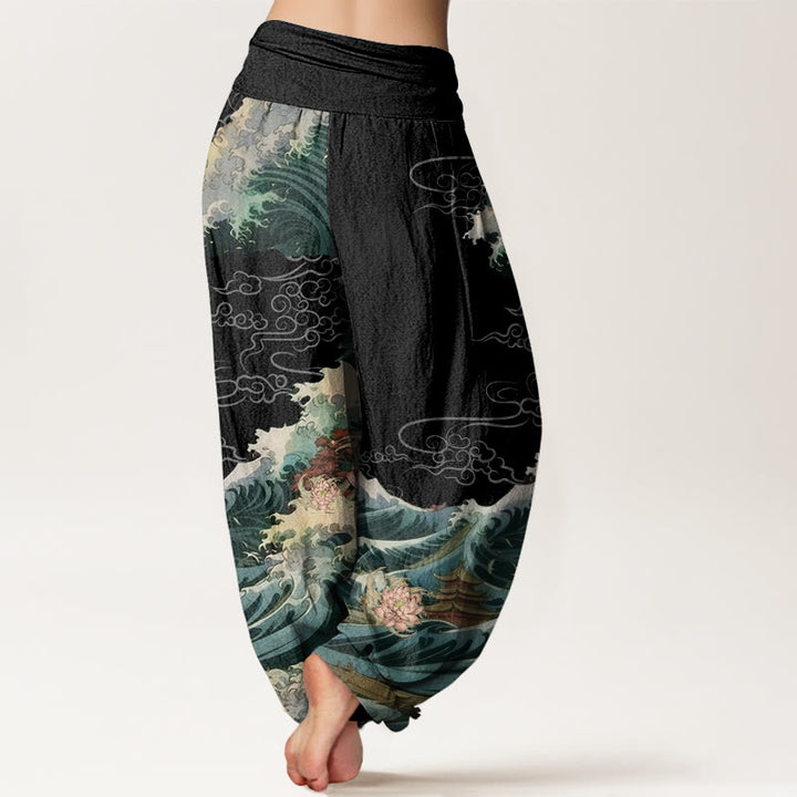 Pantalon Buddha Stones décontracté à taille élastique pour femme, motif lotus en fleurs et vagues - image 1
