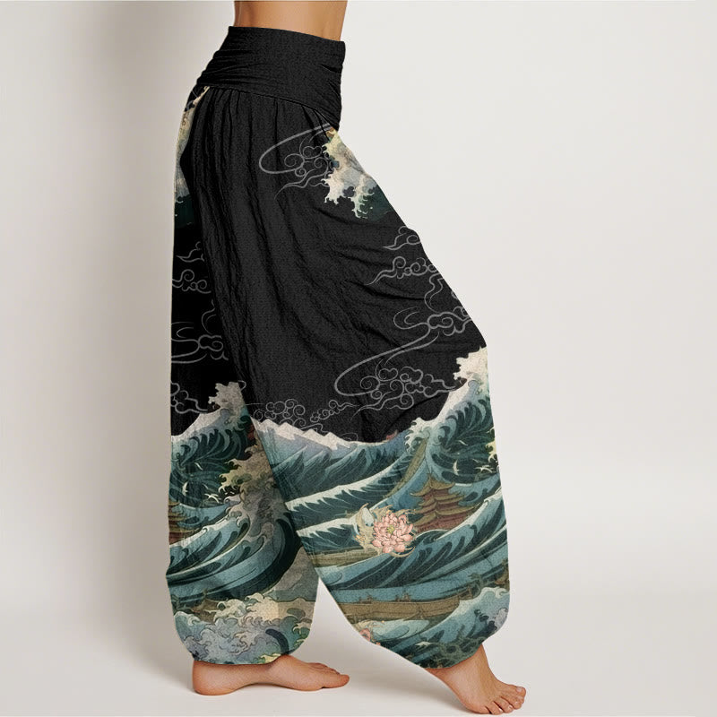 Pantalon harem à taille élastique pour femme, en coton décontracté, motif lotus fleuri et vagues, avec Buddha Stones - image 2