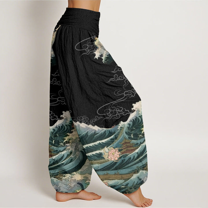 Pantalon harem à taille élastique pour femme, en coton décontracté, motif lotus fleuri et vagues, avec Buddha Stones - image 2