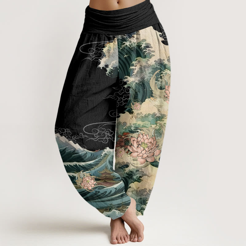 Pantalon Buddha Stones décontracté à taille élastique pour femme, motif lotus en fleurs et vagues - Noir - US22，UK/AU26，EU54 (6XL) - image 0