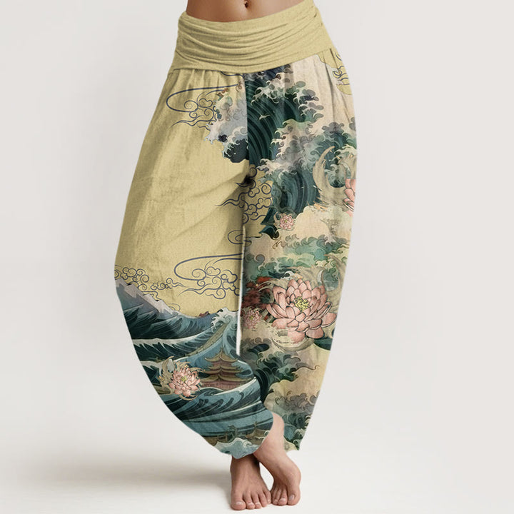 Pantalon harem à taille élastique pour femme, en coton décontracté, motif lotus fleuri et vagues, avec Buddha Stones - Kaki - US22，UK/AU26，EU54 (6XL) - image 4