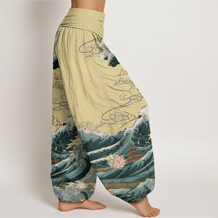 Pantalon harem à taille élastique pour femme, en coton décontracté, motif lotus fleuri et vagues, avec Buddha Stones - image 6